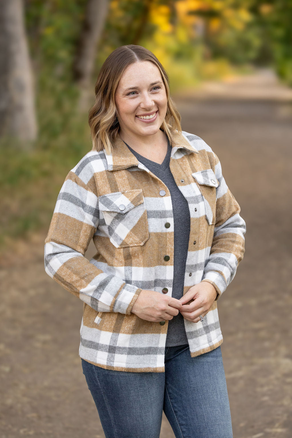 Michelle Mae Norah Plaid Shacket - Camel and Grey