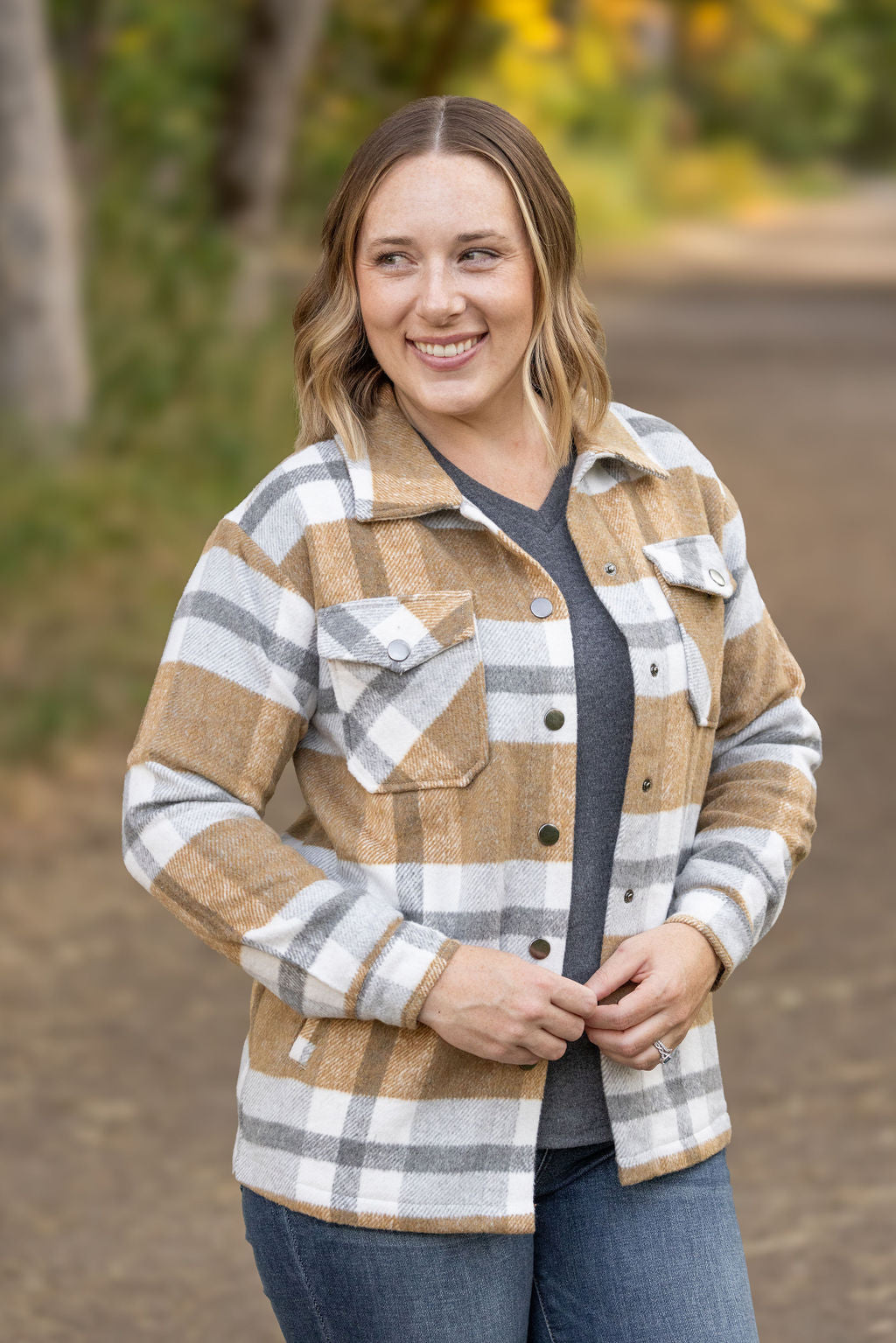 Michelle Mae Norah Plaid Shacket - Camel and Grey