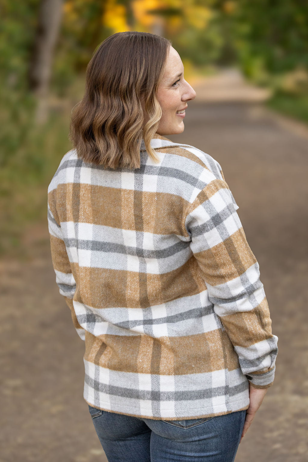 Michelle Mae Norah Plaid Shacket - Camel and Grey