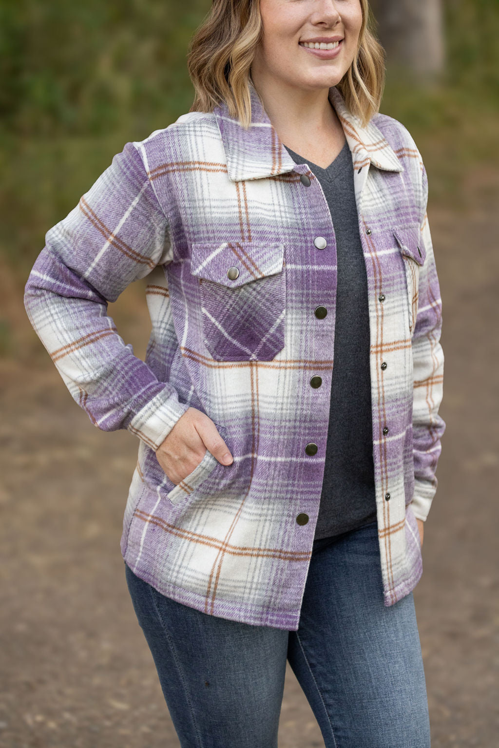 Michelle Mae Norah Plaid Shacket - Purple and Gold