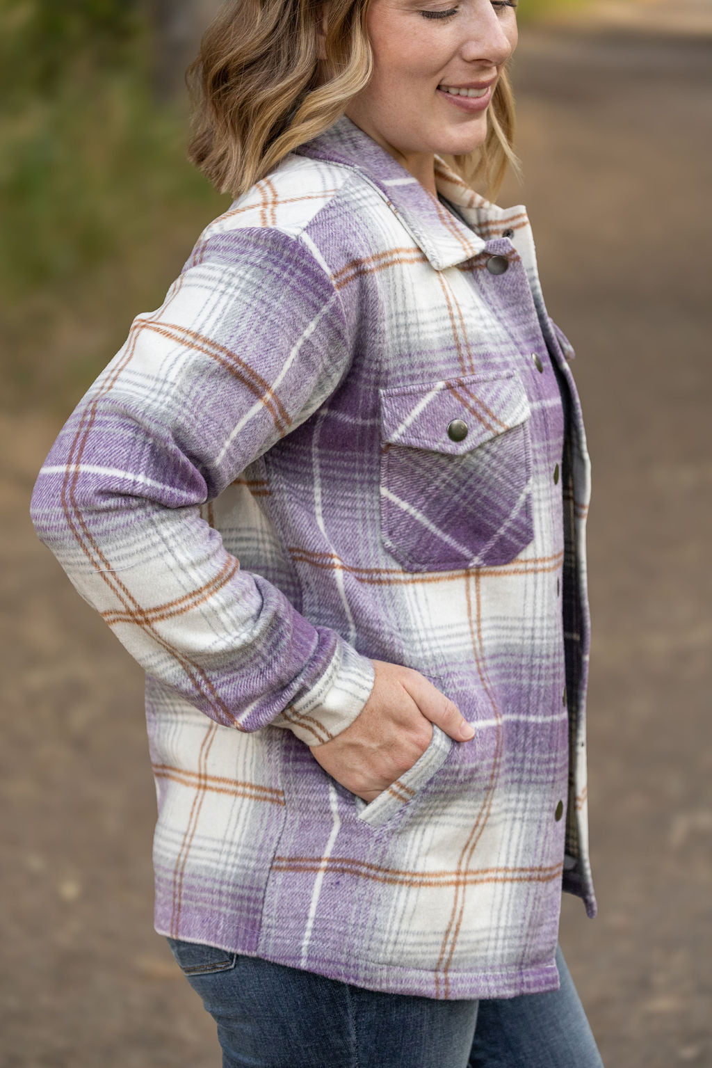 Michelle Mae Norah Plaid Shacket - Purple and Gold