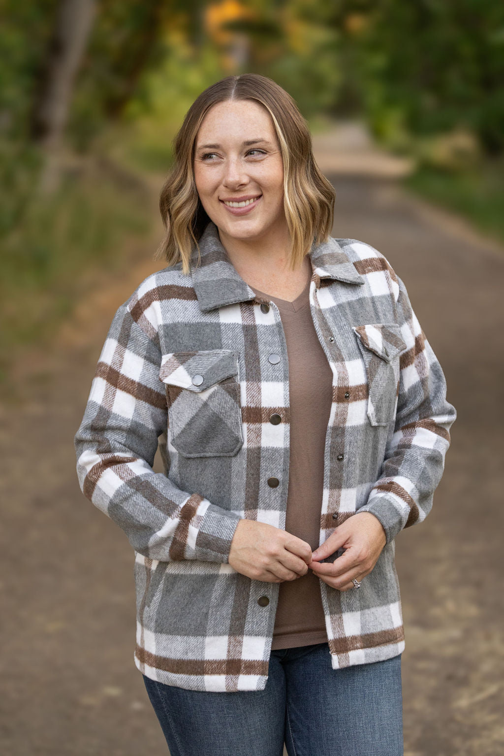 Michelle Mae Norah Plaid Shacket - Grey and Tan