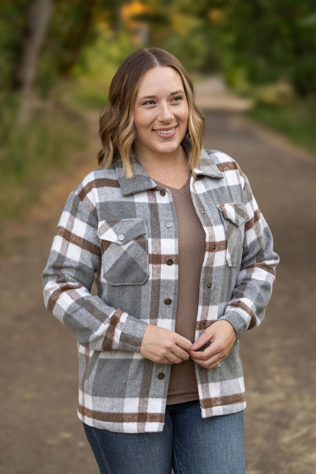 Michelle Mae Norah Plaid Shacket - Grey and Tan