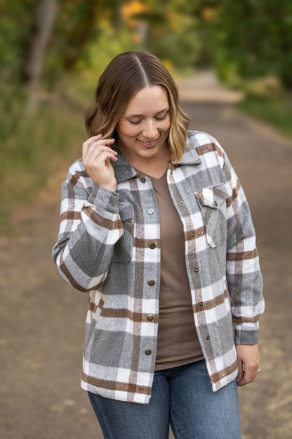 Michelle Mae Norah Plaid Shacket - Grey and Tan