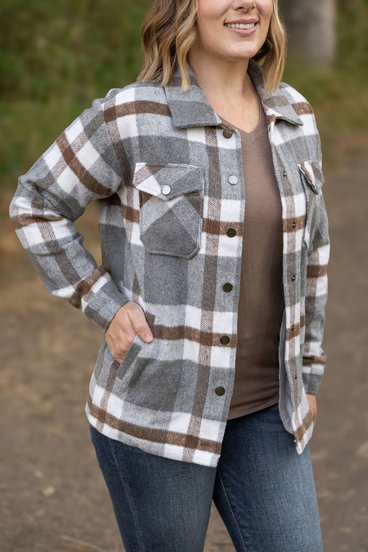 Michelle Mae Norah Plaid Shacket - Grey and Tan