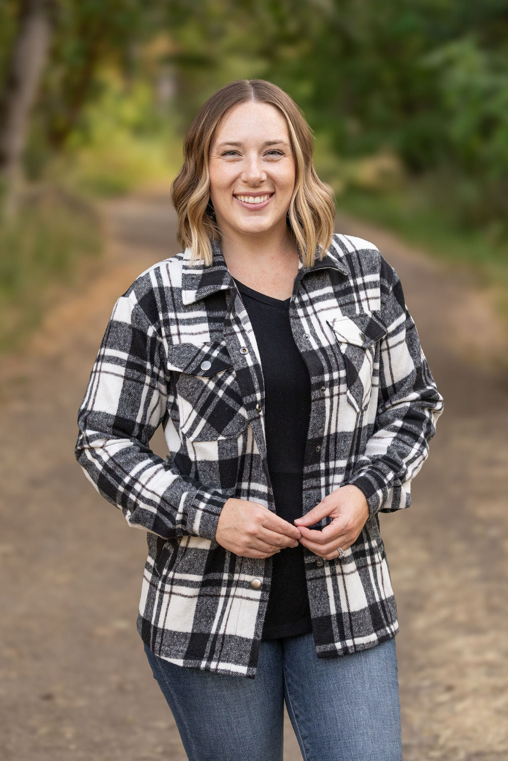 Michelle Mae Norah Plaid Shacket - Ivory and Black