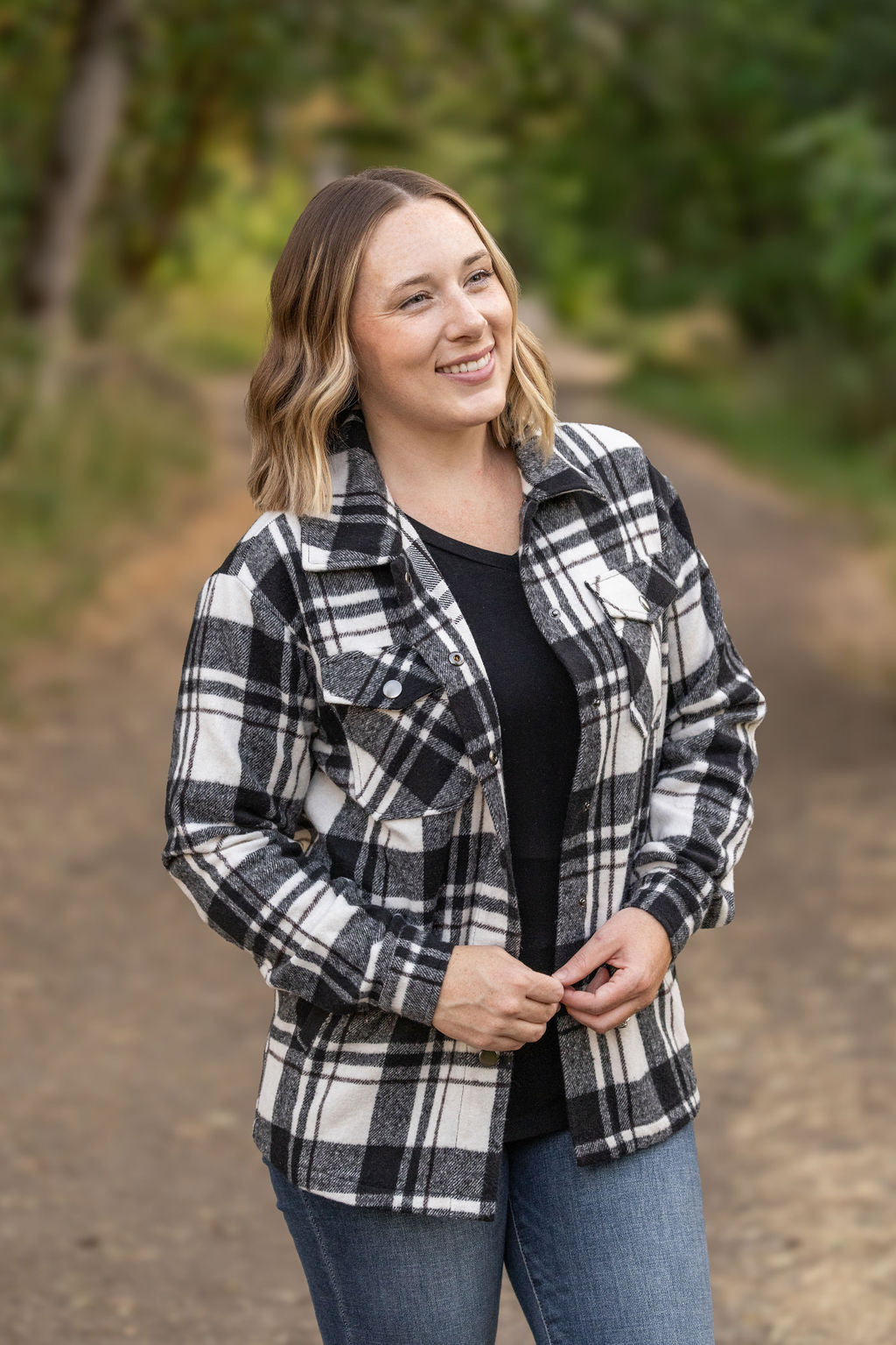 Michelle Mae Norah Plaid Shacket - Ivory and Black
