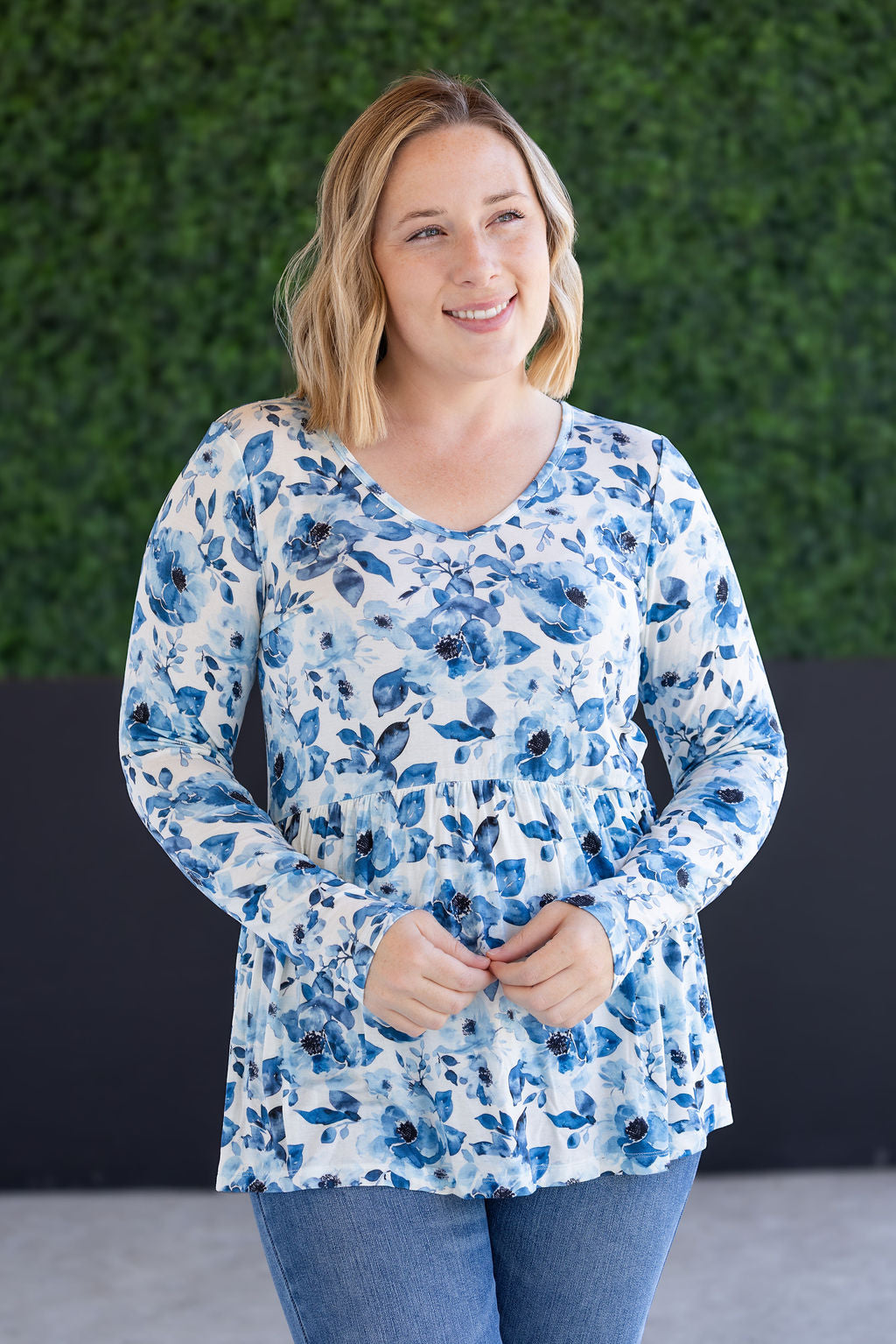 Pre-Order Michelle Mae Long Sleeve Sarah Ruffle Top - Sapphire Floral