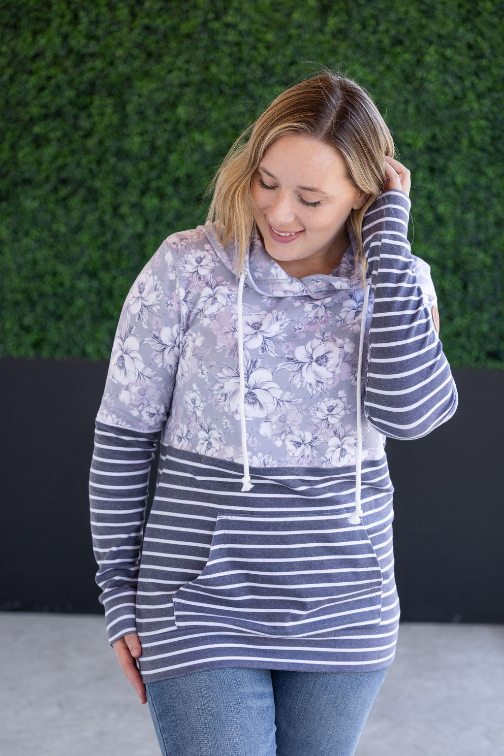 Michelle Mae Hailey Pullover Hoodie - Vintage Grey Floral and Stripes