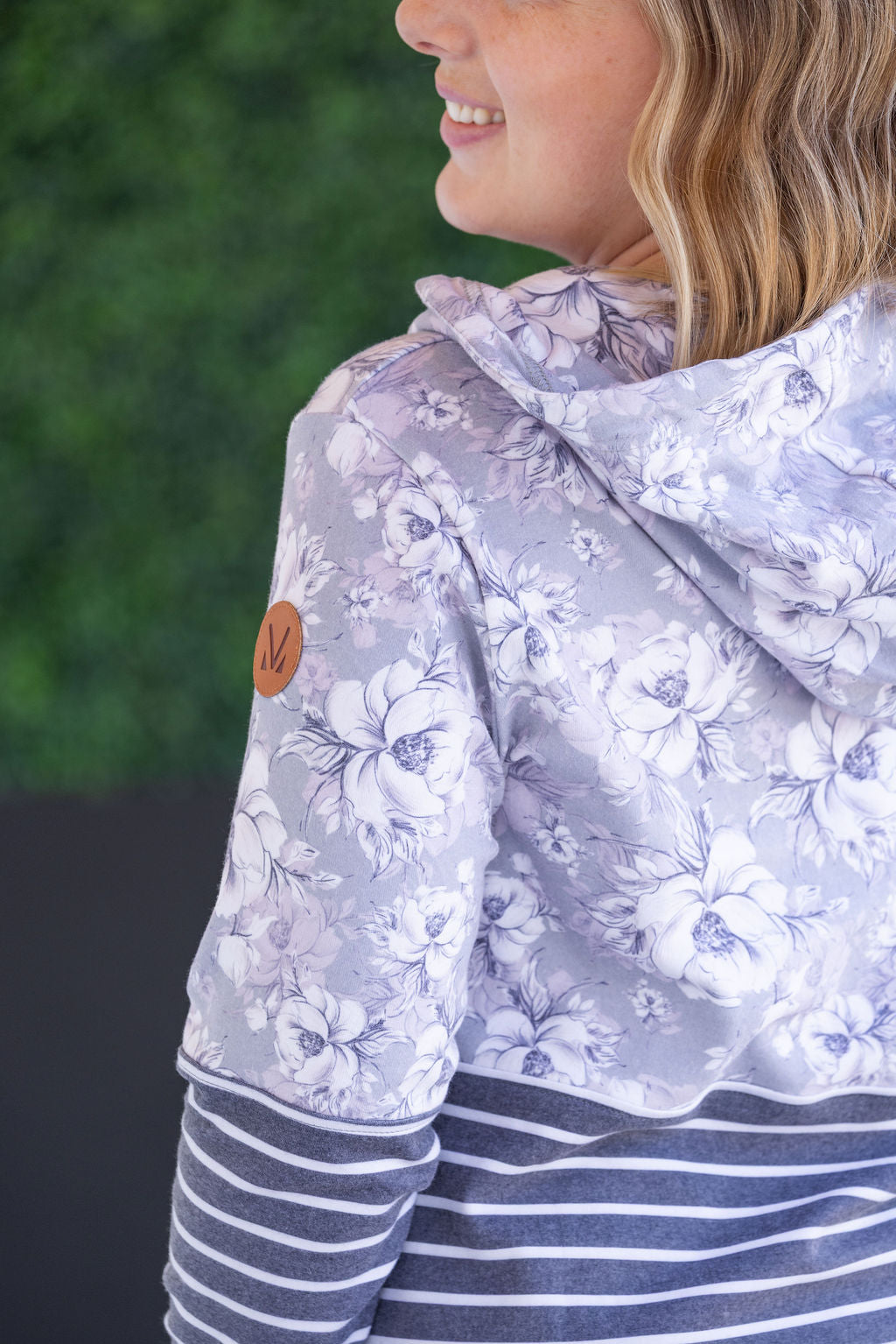 Michelle Mae Hailey Pullover Hoodie - Vintage Grey Floral and Stripes