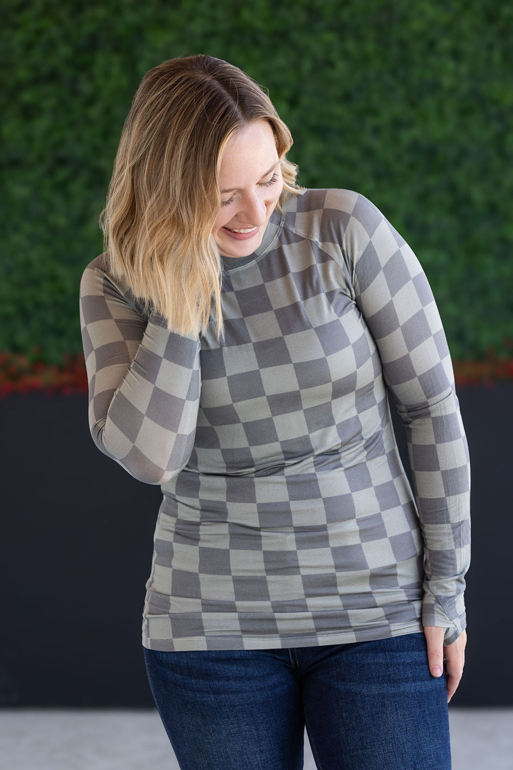 Michelle Mae Blair Long Sleeve Top - Olive Checkers