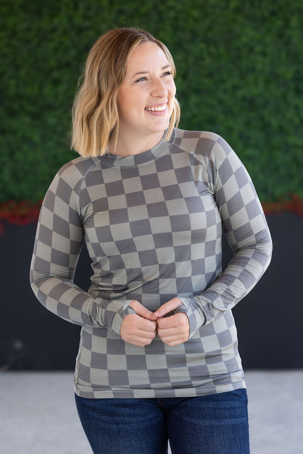 Michelle Mae Blair Long Sleeve Top - Olive Checkers