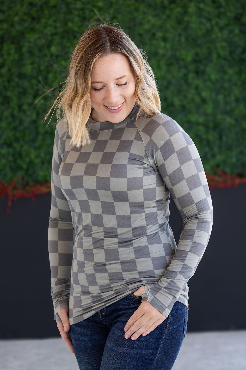 Michelle Mae Blair Long Sleeve Top - Olive Checkers