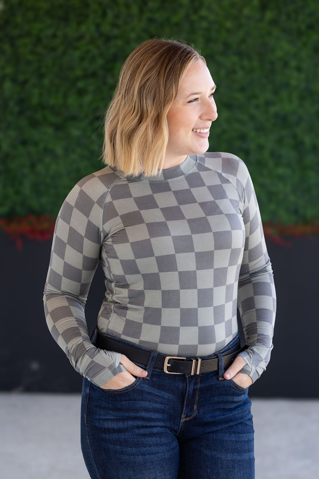 Michelle Mae Blair Long Sleeve Top - Olive Checkers