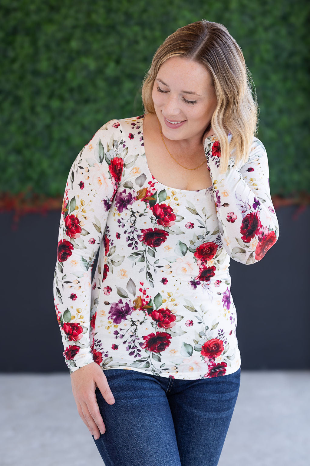 Michelle Mae Alyssa Long Sleeve Top - Burgundy Bloom