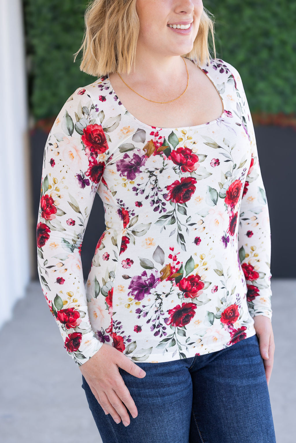 Michelle Mae Alyssa Long Sleeve Top - Burgundy Bloom