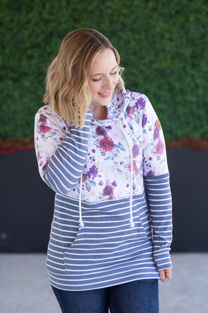 Michelle Mae Hailey Pullover Hoodie - Burgundy Bloom and Grey Stripes