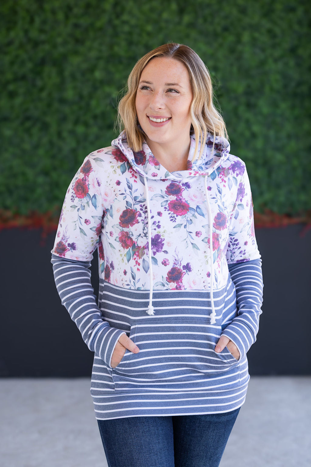 Michelle Mae Hailey Pullover Hoodie - Burgundy Bloom and Grey Stripes