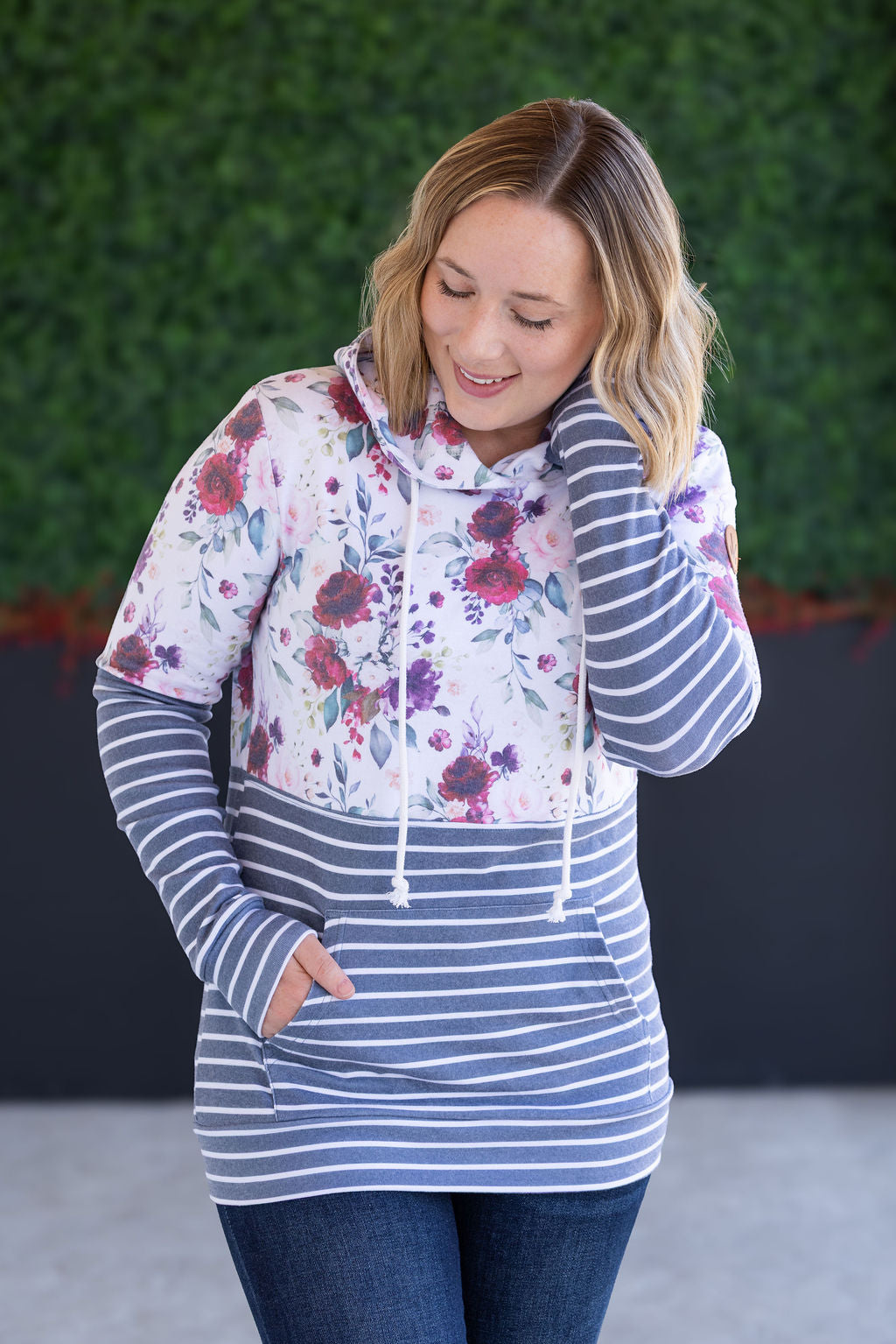 Michelle Mae Hailey Pullover Hoodie - Burgundy Bloom and Grey Stripes