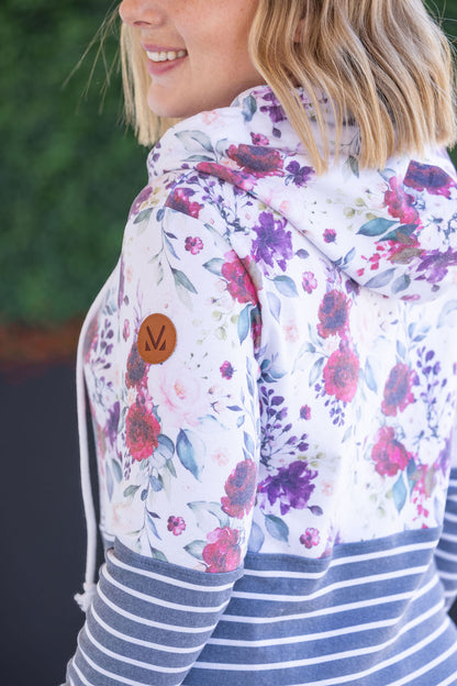 Michelle Mae Hailey Pullover Hoodie - Burgundy Bloom and Grey Stripes
