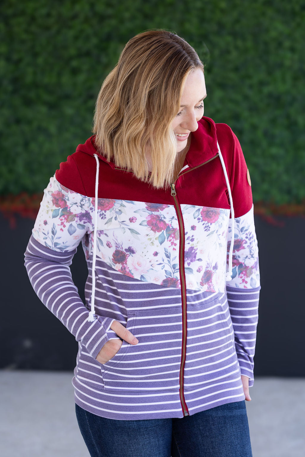 Michelle Mae Colorblock Fullzip - Burgundy, Burgundy Bloom, and Plum Stripes