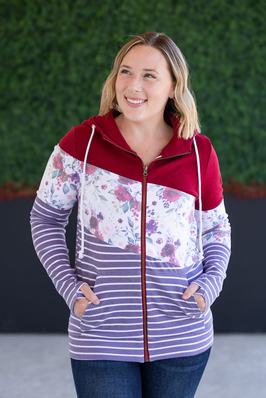 Michelle Mae Colorblock Fullzip - Burgundy, Burgundy Bloom, and Plum Stripes