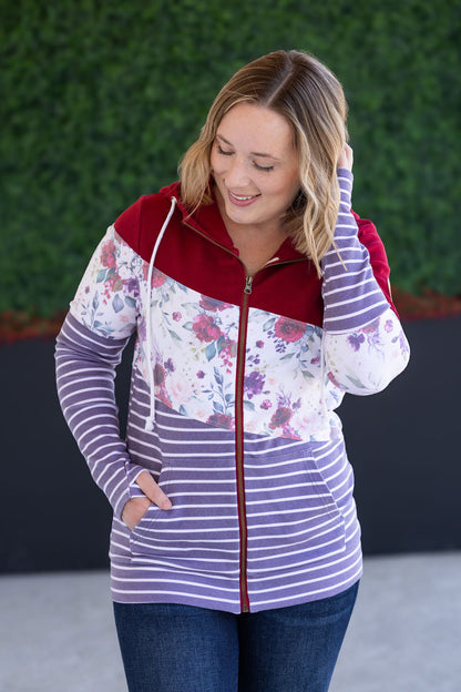 Michelle Mae Colorblock Fullzip - Burgundy, Burgundy Bloom, and Plum Stripes
