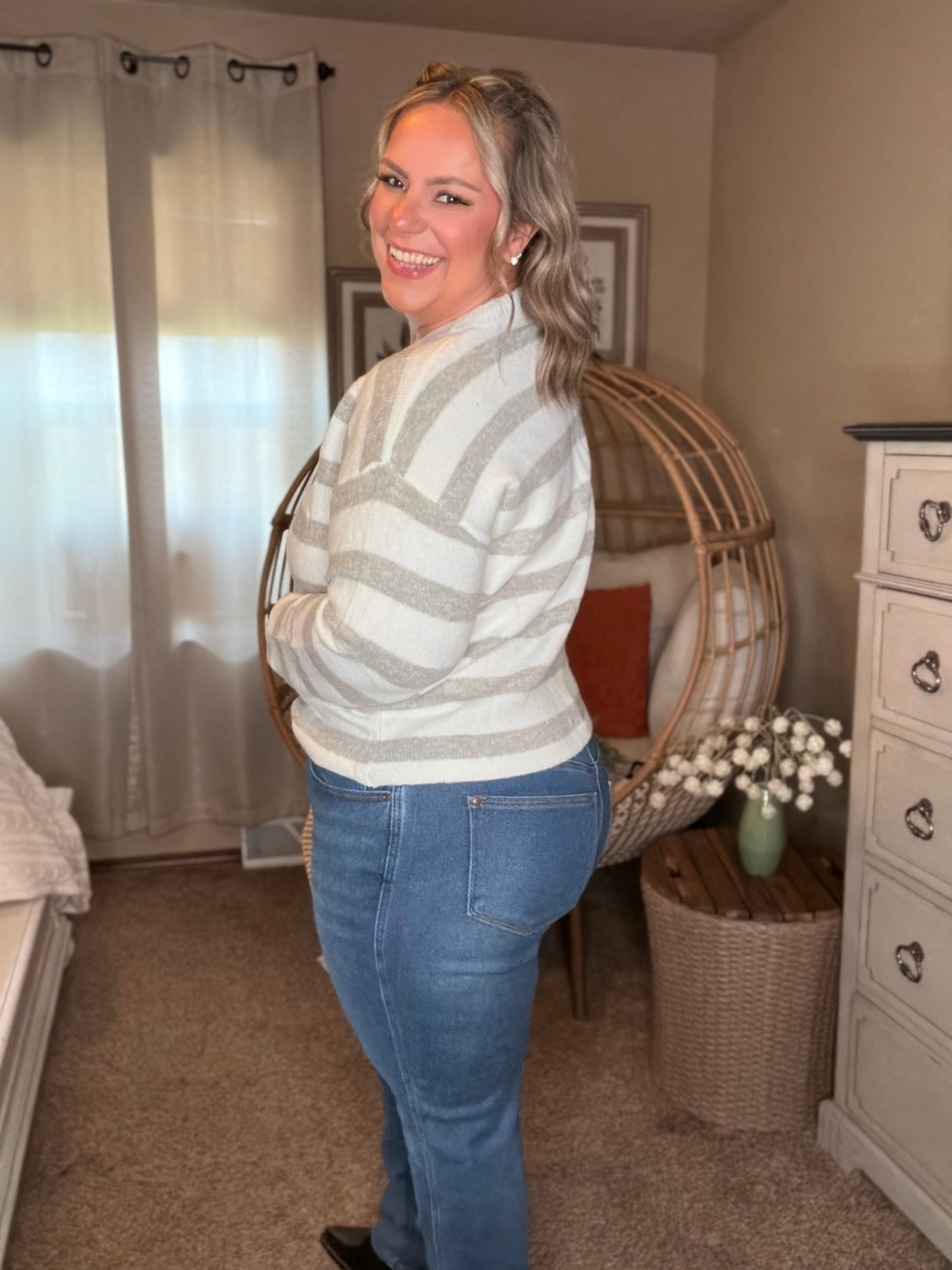 Michelle Mae Cozy Stripe Sweater - Grey and White