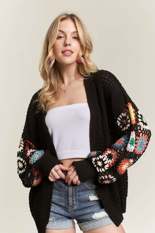 Boho-Chic Crochet Open Front Cardigan in Black