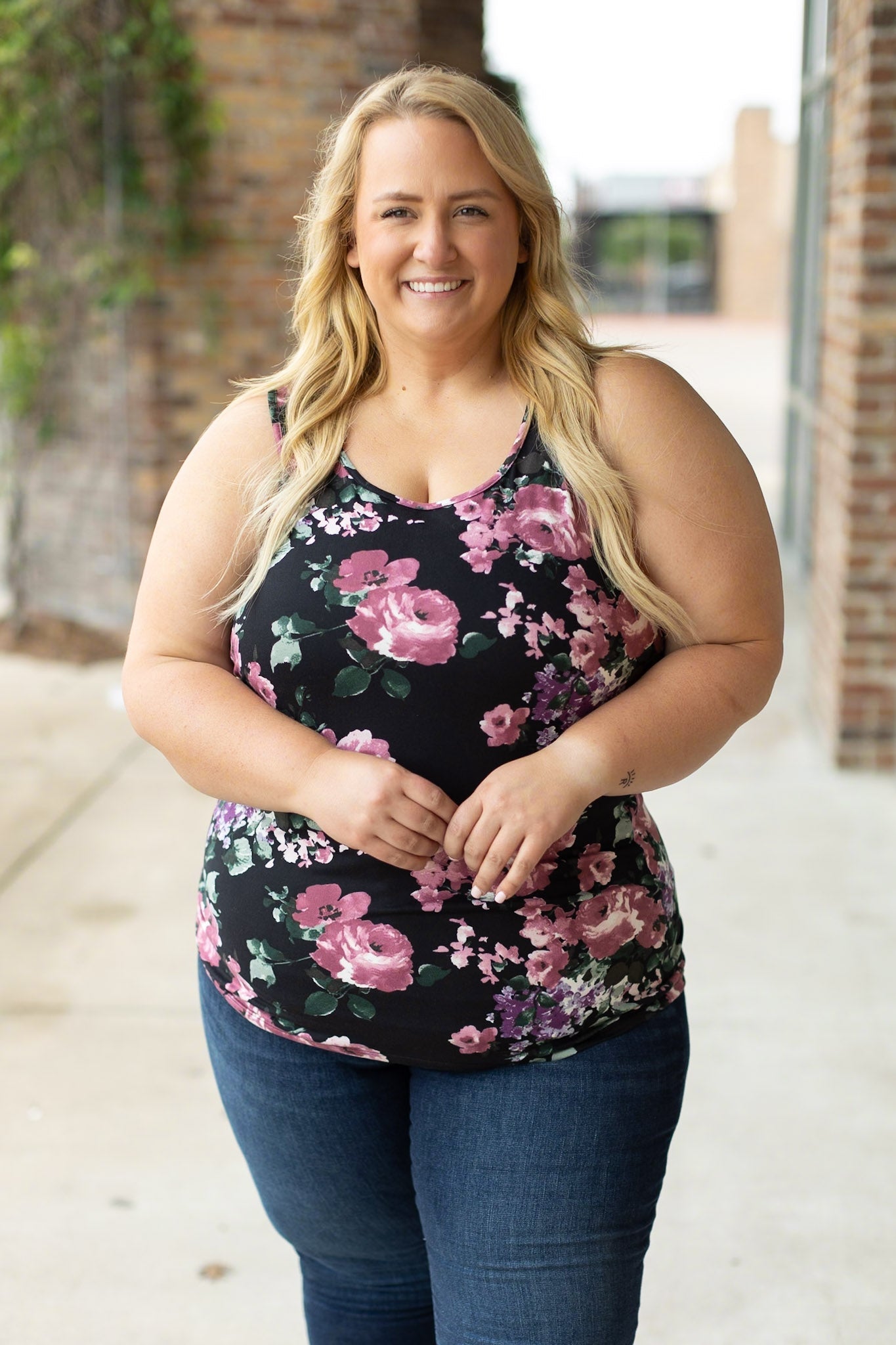 Michelle Mae Luxe Crew Tank - Black and Mauve Floral