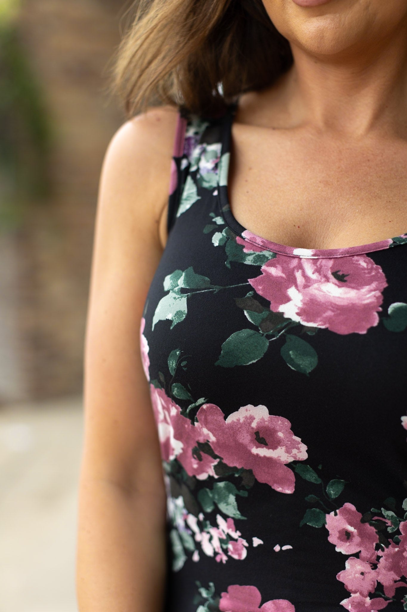 Michelle Mae Luxe Crew Tank - Black and Mauve Floral