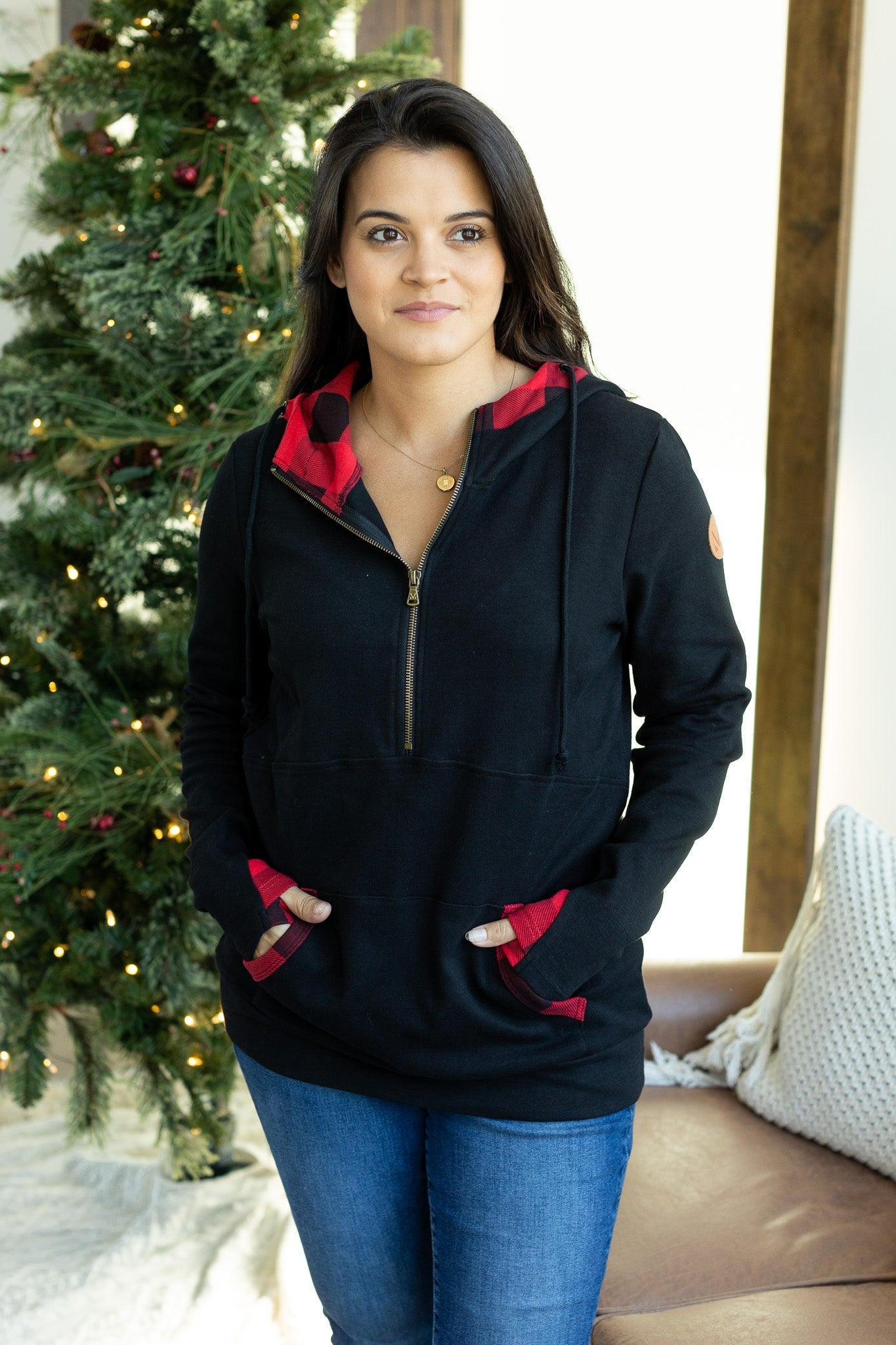 Michelle Mae Avery Accent HalfZip Hoodie - Buffalo Plaid