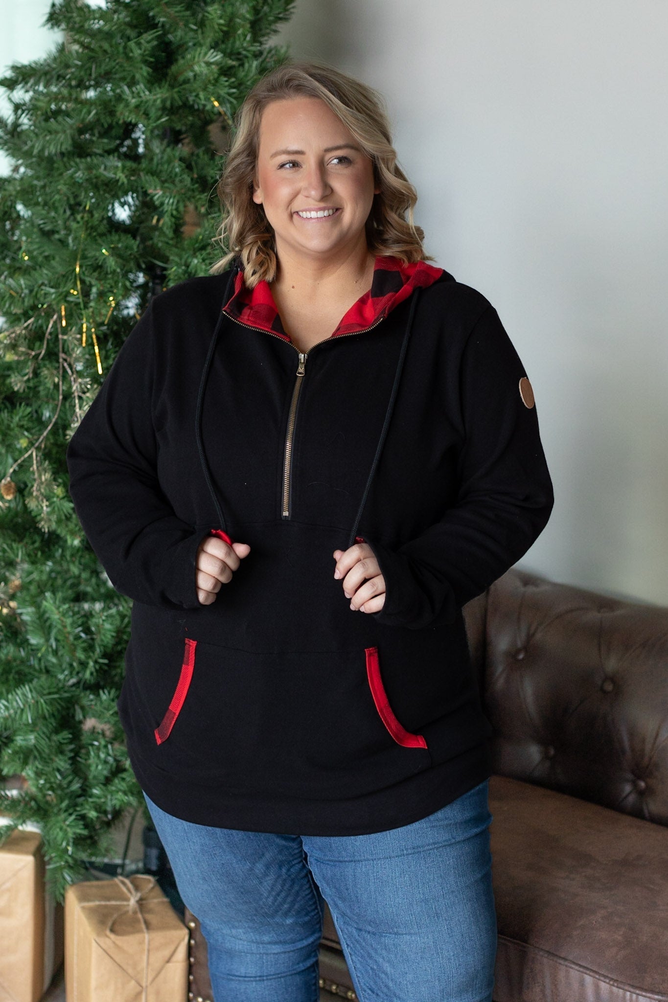 Michelle Mae Avery Accent HalfZip Hoodie - Buffalo Plaid