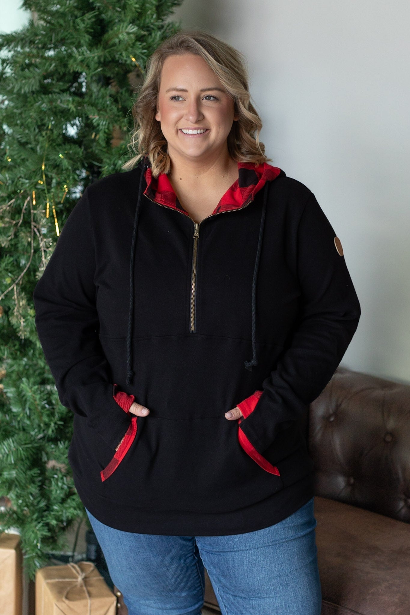 Michelle Mae Avery Accent HalfZip Hoodie - Buffalo Plaid