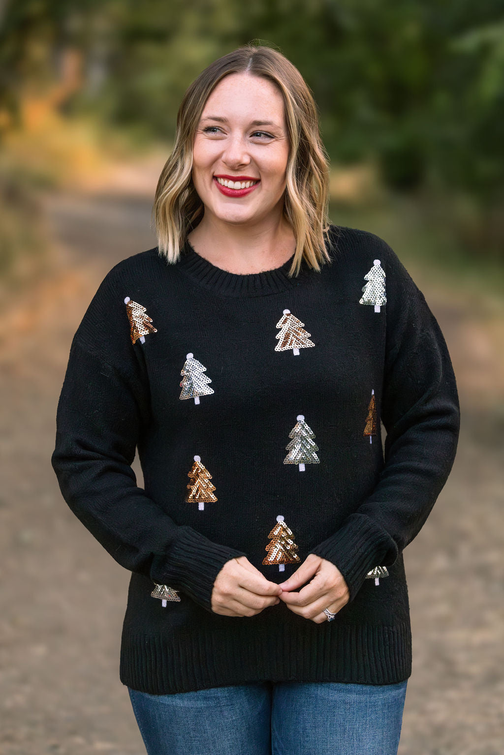 Michelle Mae Holly Jolly Sweater - Gold + Silver Trees