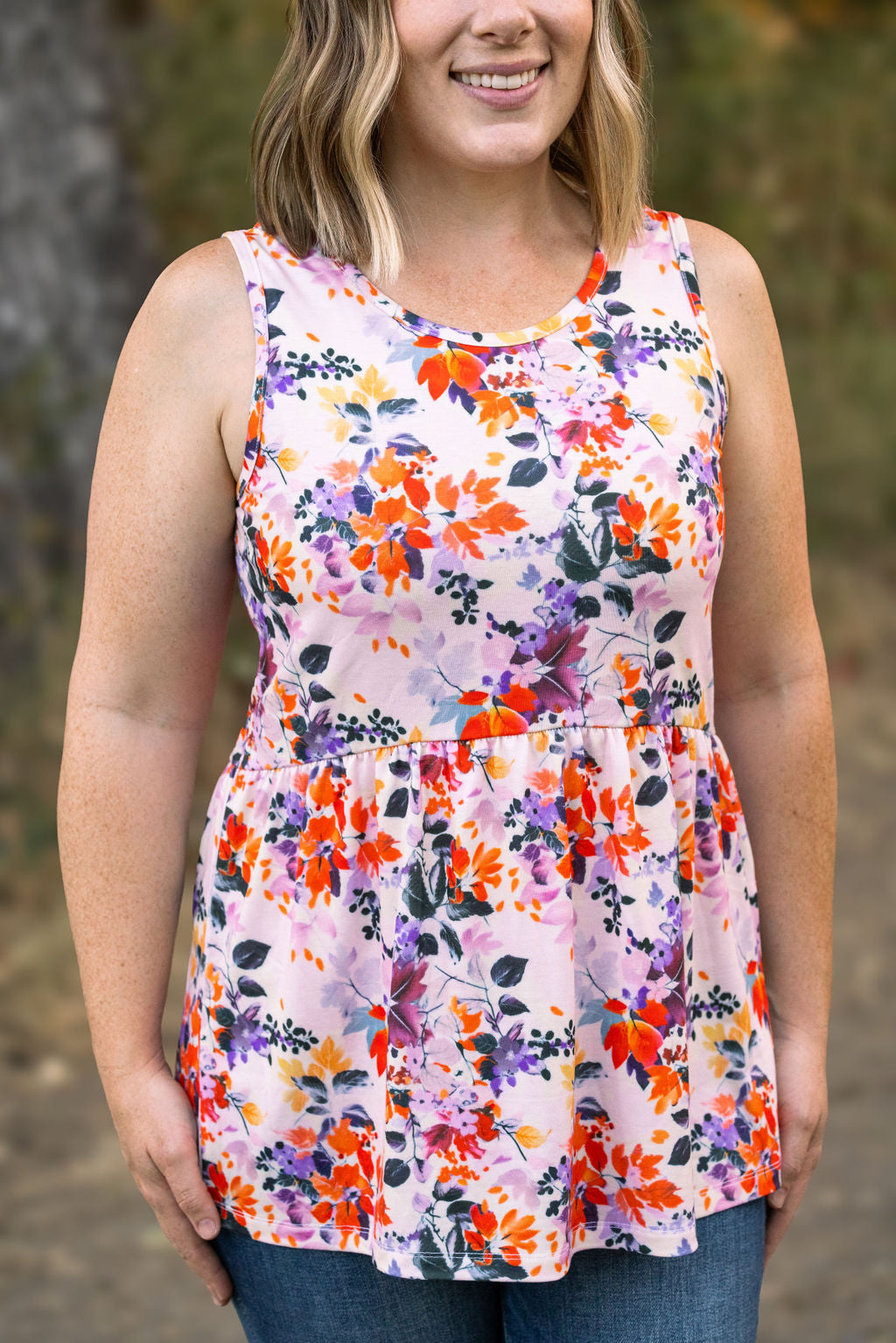 Michelle Mae Renee Ruffle Tank - Fall Floral Leaves