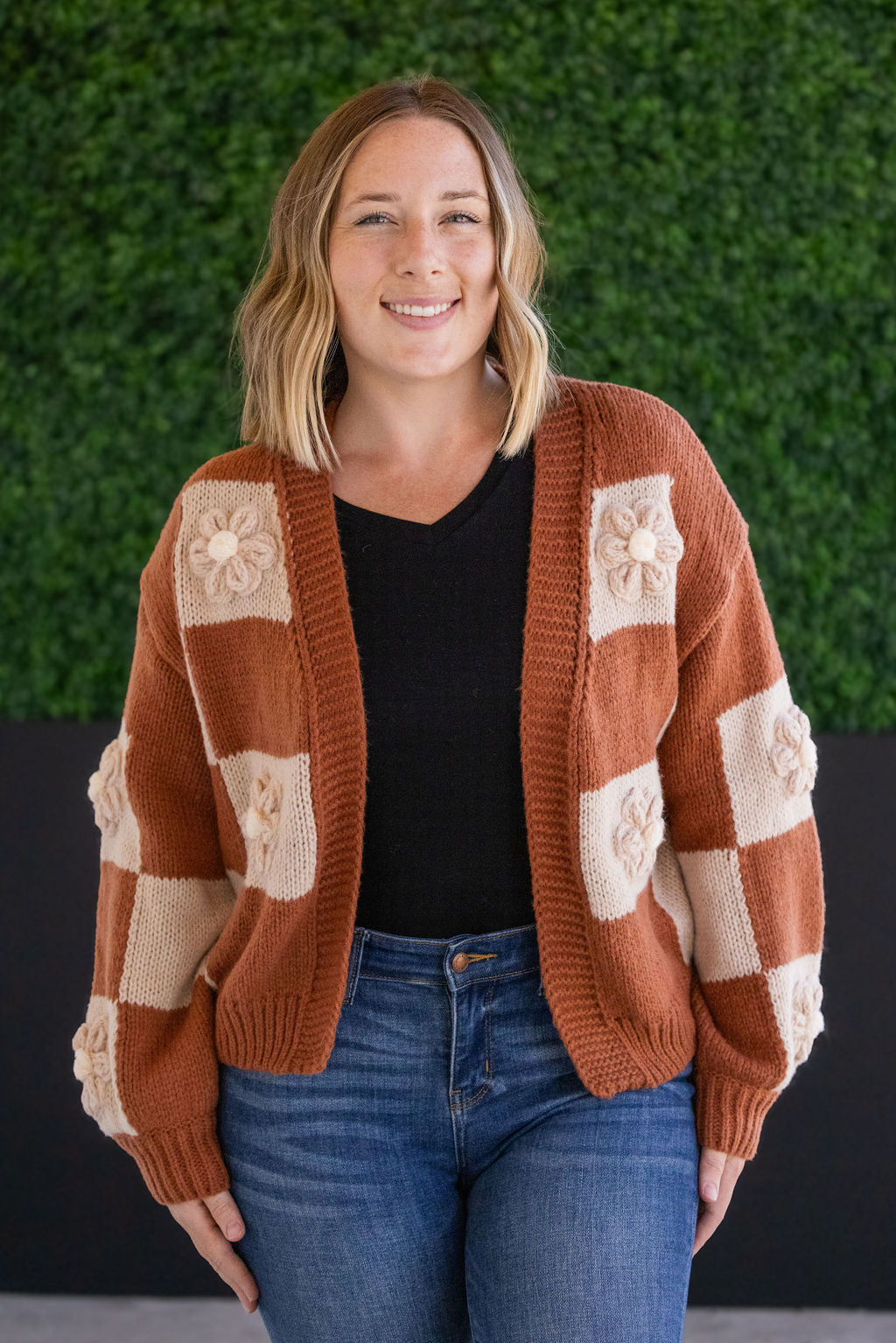 Michelle Mae Floral Checker Cardigan - Rust