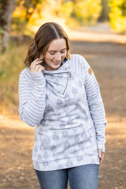 Michelle Mae Classic Zoey ZipCowl Sweatshirt - Grey Trees and Stripes