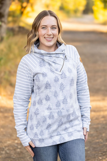 Michelle Mae Classic Zoey ZipCowl Sweatshirt - Grey Trees and Stripes