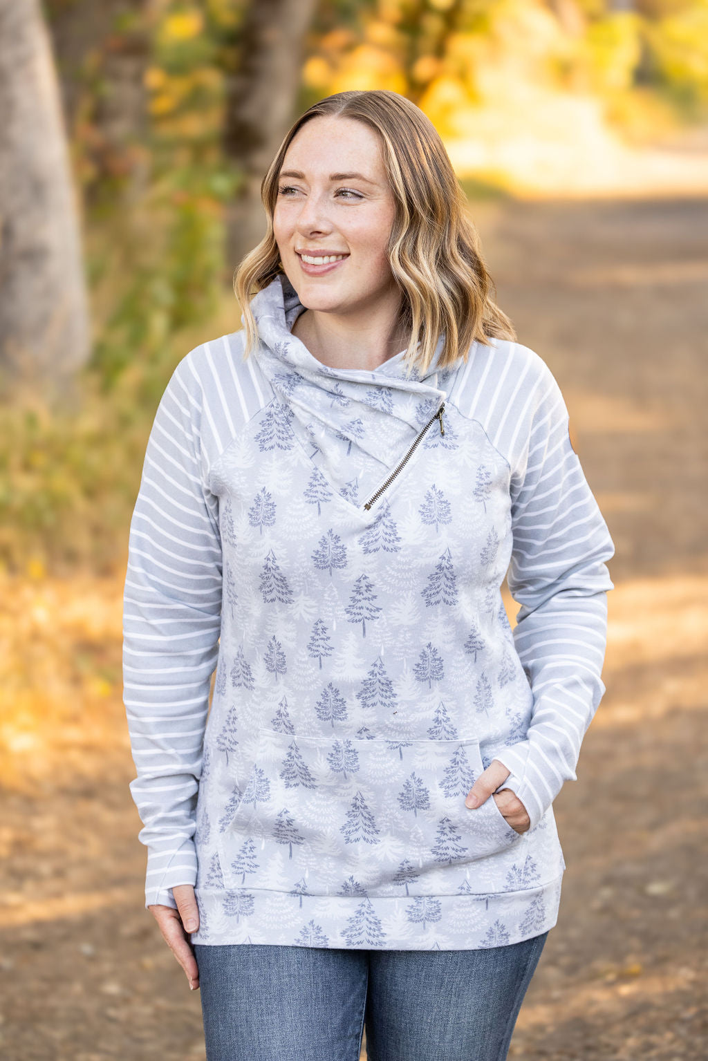 Michelle Mae Classic Zoey ZipCowl Sweatshirt - Grey Trees and Stripes