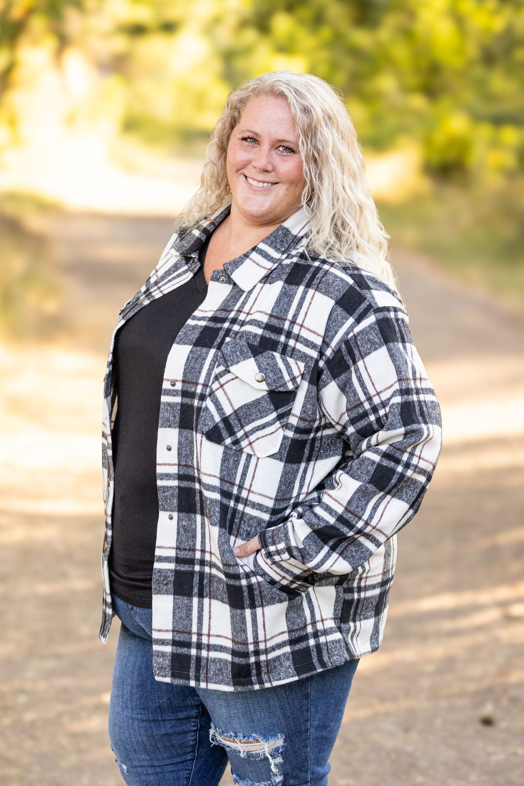 Michelle Mae Norah Plaid Shacket - Ivory and Black