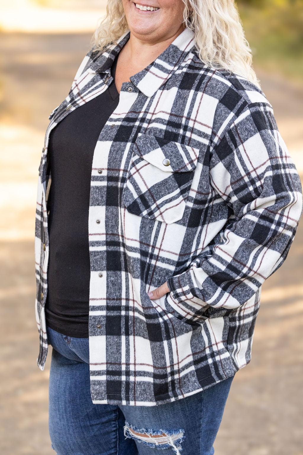 Michelle Mae Norah Plaid Shacket - Ivory and Black