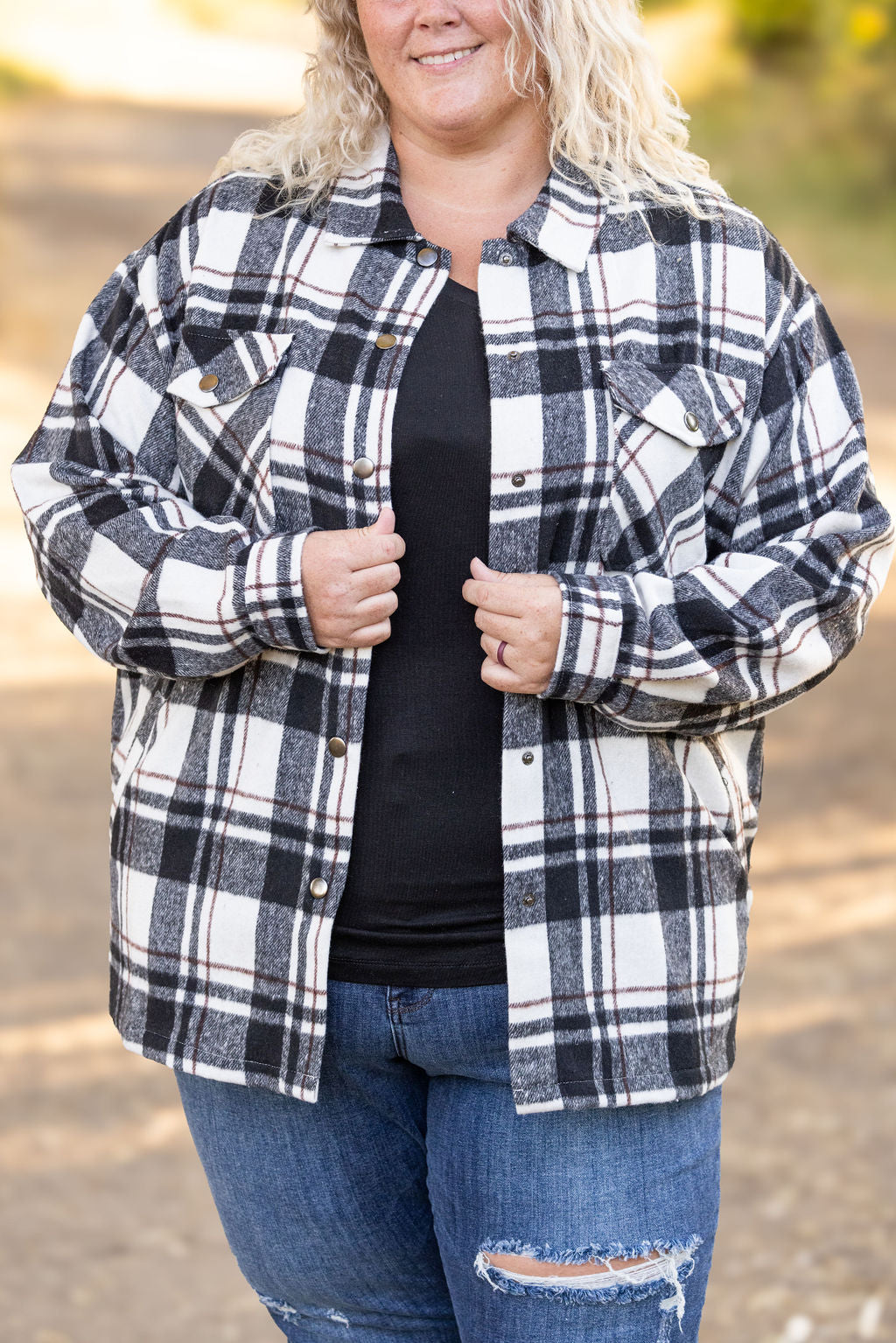 Michelle Mae Norah Plaid Shacket - Ivory and Black
