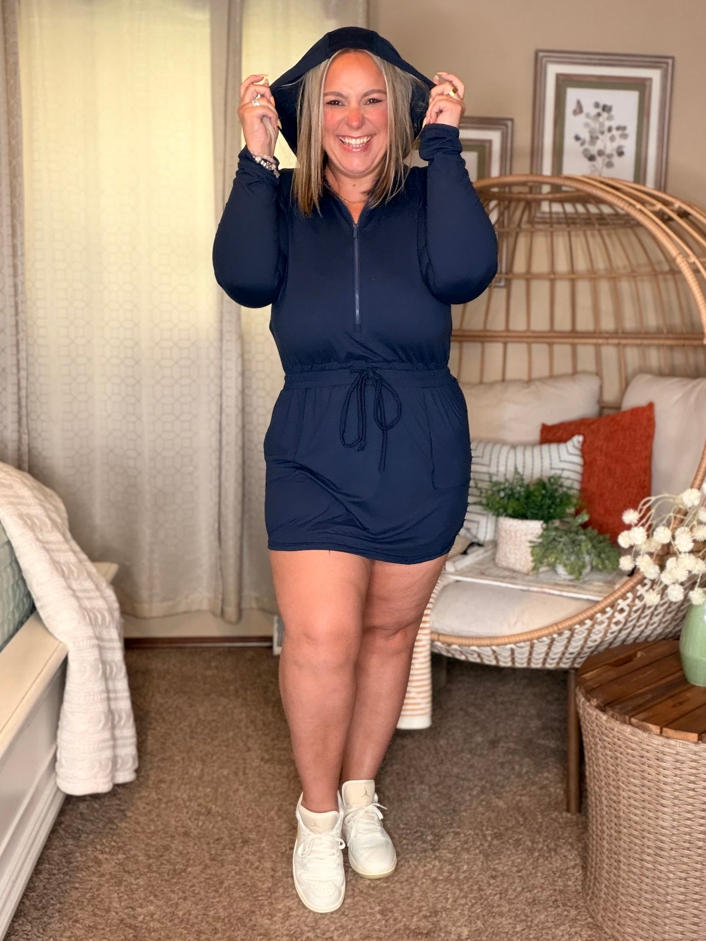 Getting Out Long Sleeve Hoodie Romper in Navy