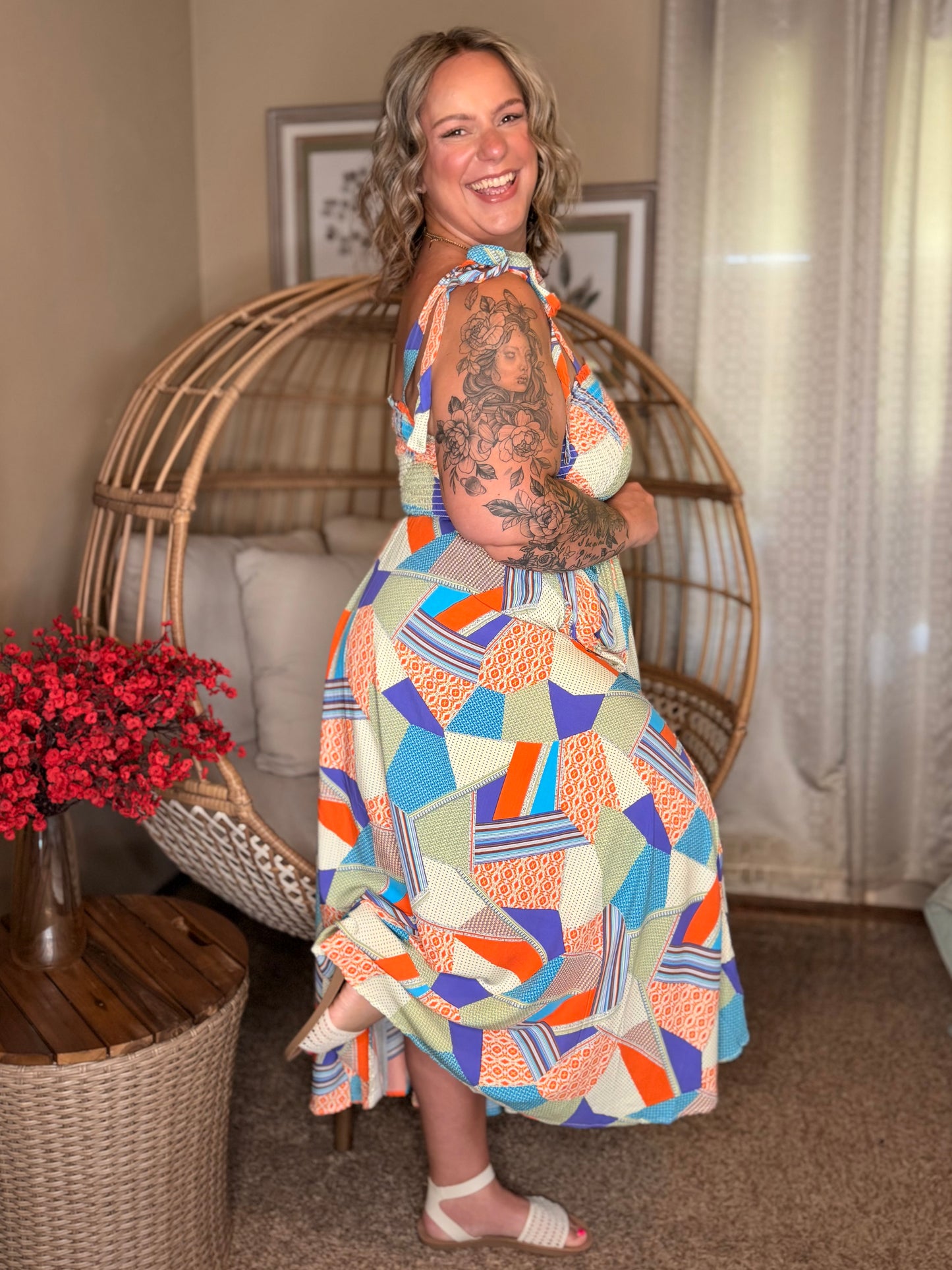 Paint Me Pretty Square Neck Dress in Lime, Blue and Tangerine