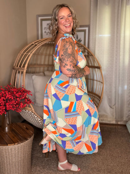 Paint Me Pretty Square Neck Dress in Lime, Blue and Tangerine