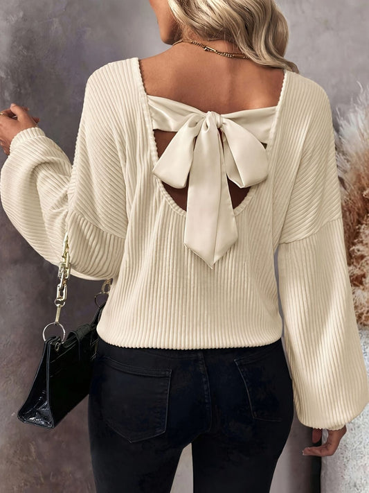 PREORDER - Playful Charm Bow Back V-Neck Drop Shoulder Top (Beige)