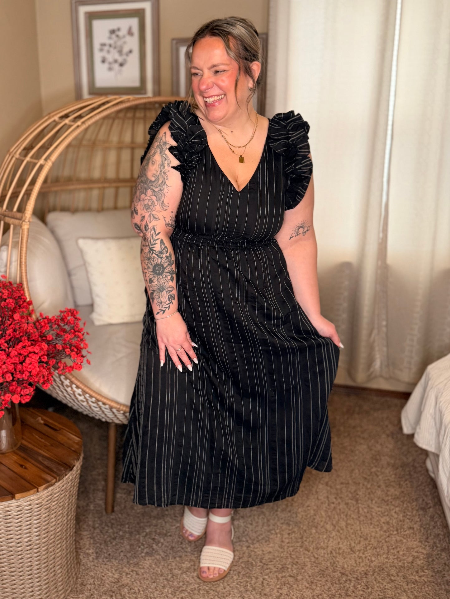 Pinstripe Romance V-Neck Ruffle Sleeve Dress in Black