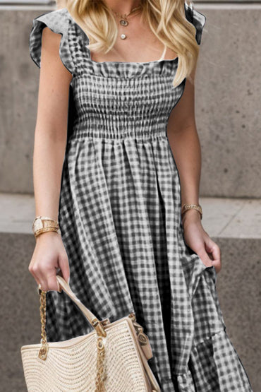 PREORDER: Full Size Smocked Ruffled Plaid Ruffle Hem Dress