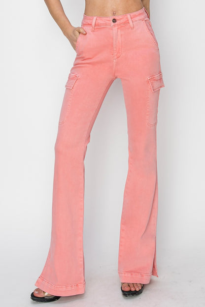 Sunshine On My Mind Side Slit Cargo Bootcut Jeans (FLAMINGO)